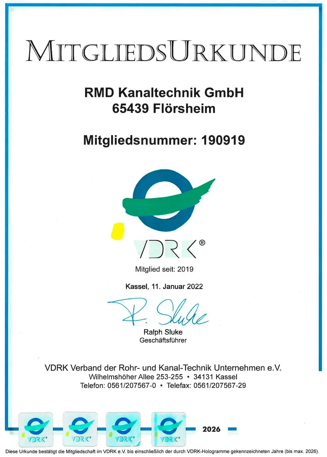 Mitgliedsurkunde VDRK